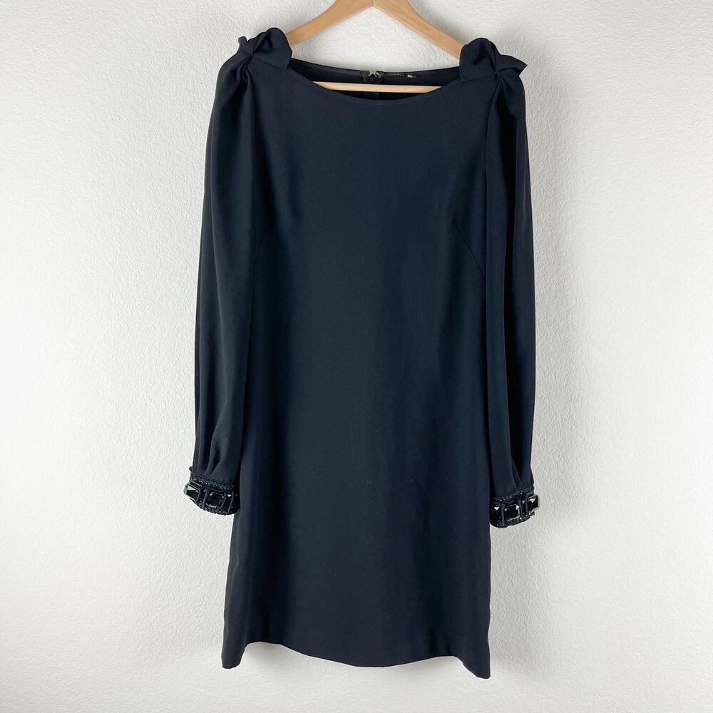 Elie Tahari Rhinestone Shift Dress Womens 8 Black Split Long Sleeve Cocktail LBD